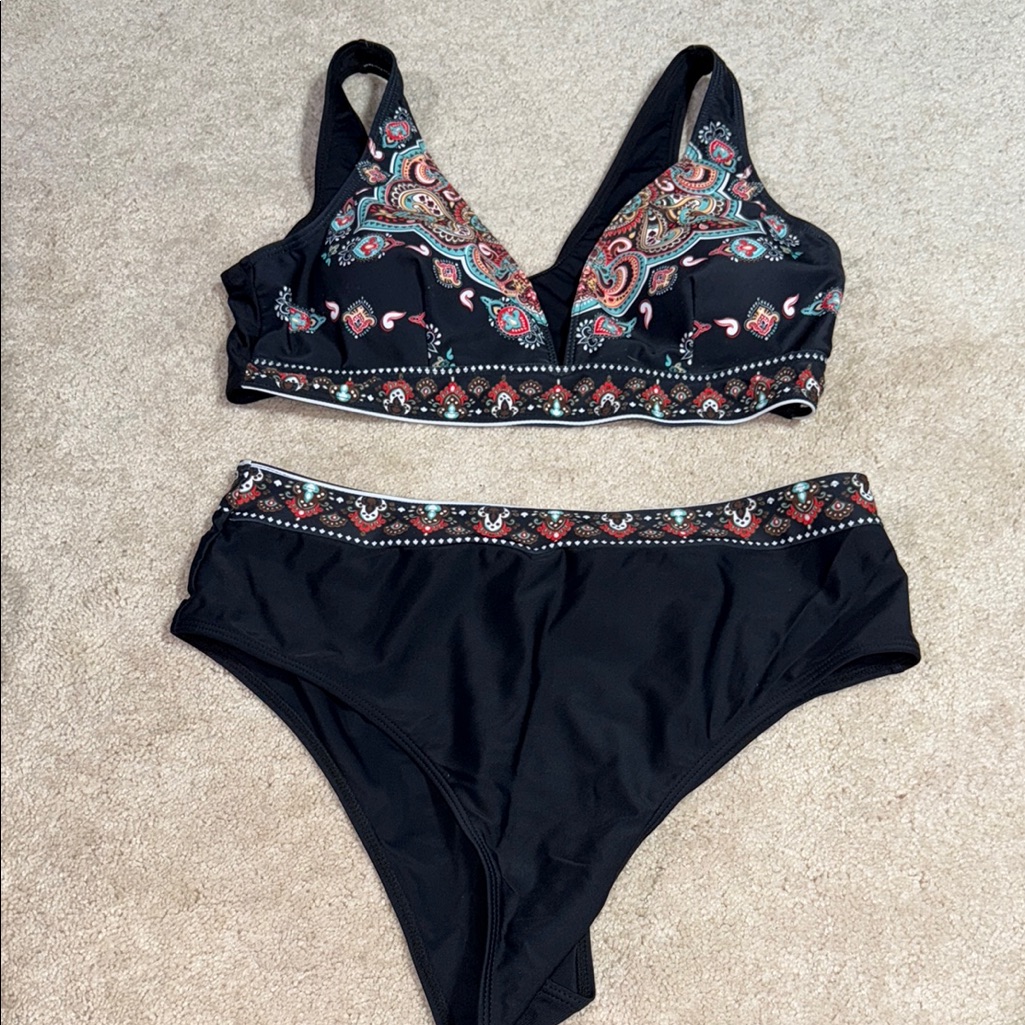 Shein Paisley Print Black Bikini Set